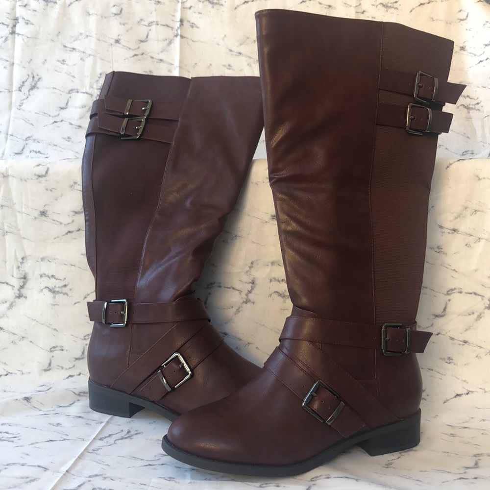 Wine Faux Leather Buckle Boot